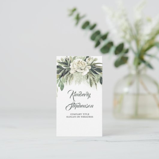 植物性の緑と白い牡丹ガーランドガーデン 名刺 (スタンド正面)