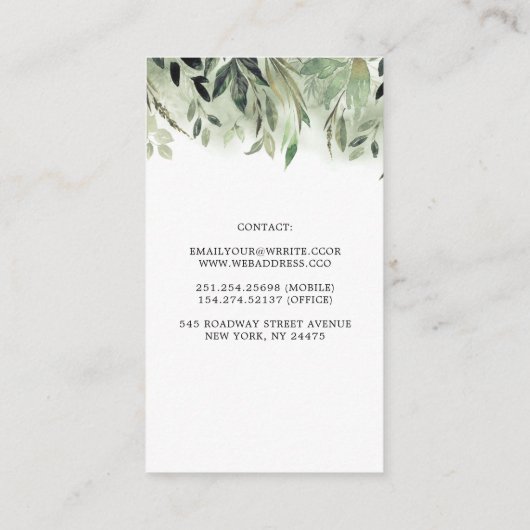 植物性の緑と白い牡丹ガーランドガーデン 名刺 (裏面)