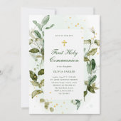 植物性の緑と金ゴールドクロスファースト・コミュニオン 招待状 (正面)