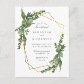 植物性の緑と金ゴールド幾何結婚の インビテーションポストカード (正面)