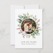 植物性の緑のクリスマスグリーン結婚の写真 サンキューカード (正面)