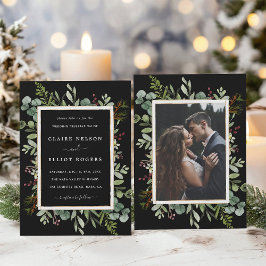 植物性の緑のクリスマスブラック結婚の写真 招待状