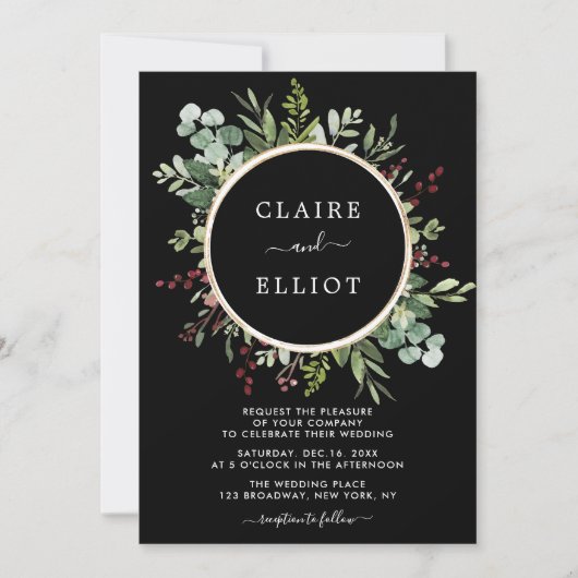 植物性の緑のクリスマス結婚のブラック 招待状 (正面)