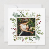 植物性の緑のクリスマス結婚の写真広場 サンキューカード (正面)
