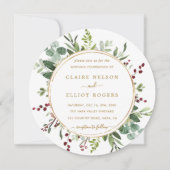 植物性の緑のクリスマス結婚金ゴールドの輪 招待状 (正面)