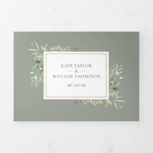植物性の緑のセージ緑の写真結婚の数 三つ折り招待状 (カバー)