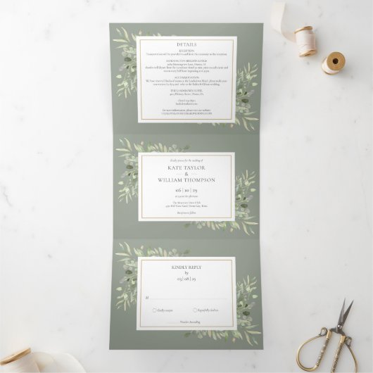 植物性の緑のセージ緑の写真結婚の数 三つ折り招待状 (内部)