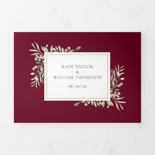 植物性の緑のバーガンディの写真結婚ズ 三つ折り招待状 (カバー)