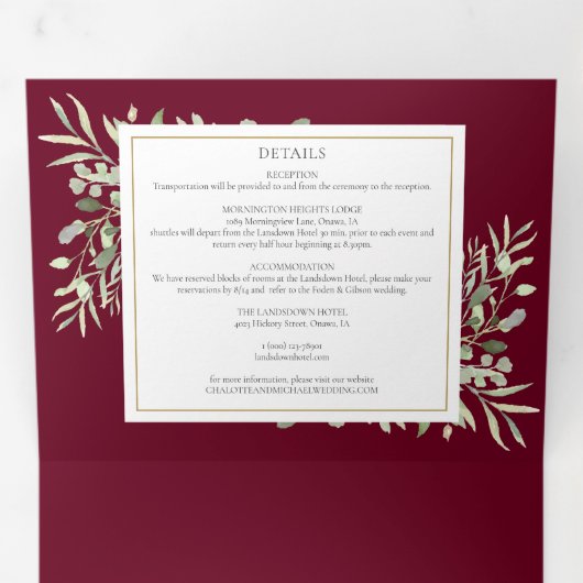 植物性の緑のバーガンディの写真結婚ズ 三つ折り招待状 (内部最初)