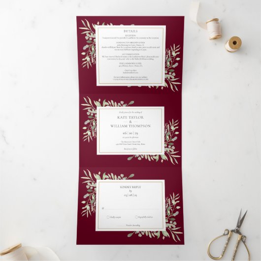 植物性の緑のバーガンディの写真結婚ズ 三つ折り招待状 (内部)