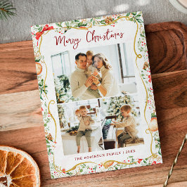 植物性の緑のパターンメリークリスマス3写真 シーズンカード