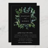 植物性の緑のフレームブラック結婚ズ 招待状 (正面/裏面)