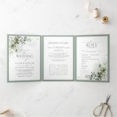 植物性の緑のフローラ水色の結婚食事 三つ折り招待状 (内部)
