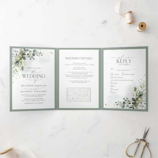 植物性の緑のフローラ水色の結婚食事 三つ折り招待状 (内部)