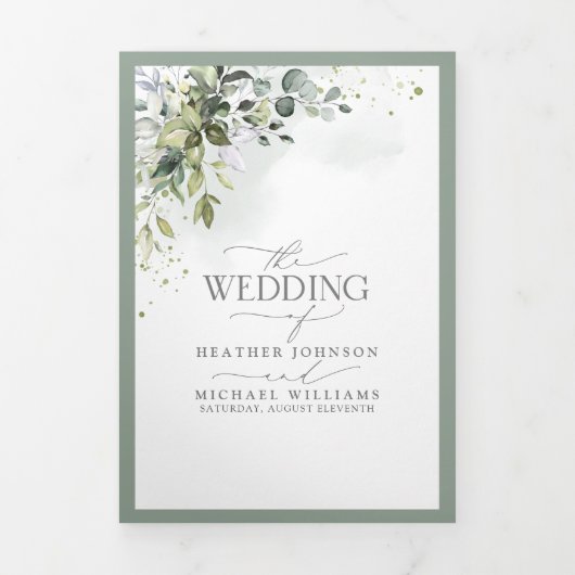植物性の緑のフローラ水色の結婚食事 三つ折り招待状 (カバー)
