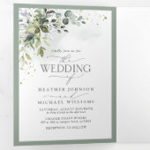 植物性の緑のフローラ水色の結婚食事 三つ折り招待状 (内部最初)