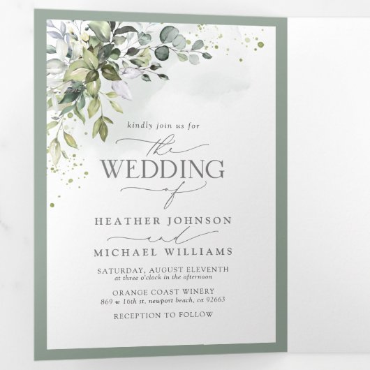 植物性の緑のフローラ水色の結婚食事 三つ折り招待状 (内部最初)