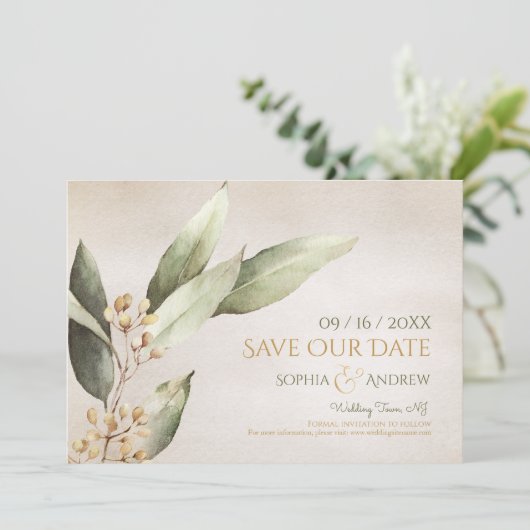 植物性の緑のヴィンテージ素朴な日付を保存 セーブザデート (スタンド正面)