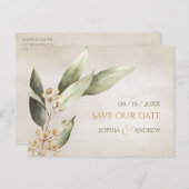 植物性の緑のヴィンテージ素朴な日付を保存 案内ポストカード (正面/裏面)