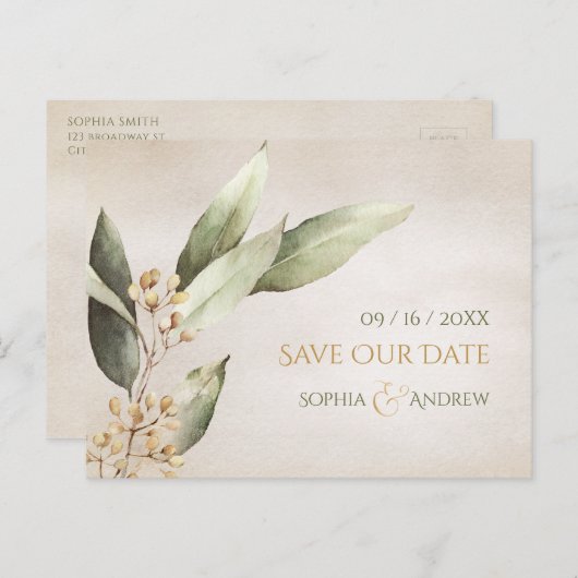 植物性の緑のヴィンテージ素朴な日付を保存 案内ポストカード (正面/裏面)