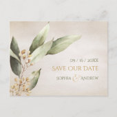 植物性の緑のヴィンテージ素朴な日付を保存 案内ポストカード (正面)
