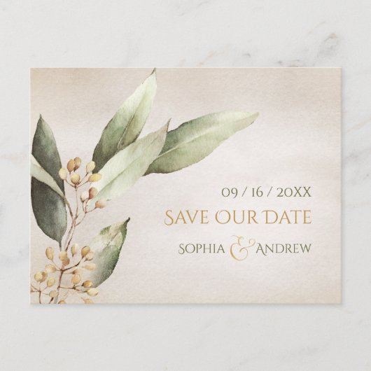 植物性の緑のヴィンテージ素朴な日付を保存 案内ポストカード (正面)
