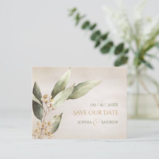 植物性の緑のヴィンテージ素朴な日付を保存 案内ポストカード (スタンド正面)