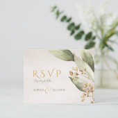 植物性の緑のヴィンテージ素朴な結婚式RSVP インビテーションポストカード (スタンド正面)