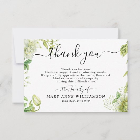 植物性の緑の台本の葬儀サンキューカード サンキューカード (正面)
