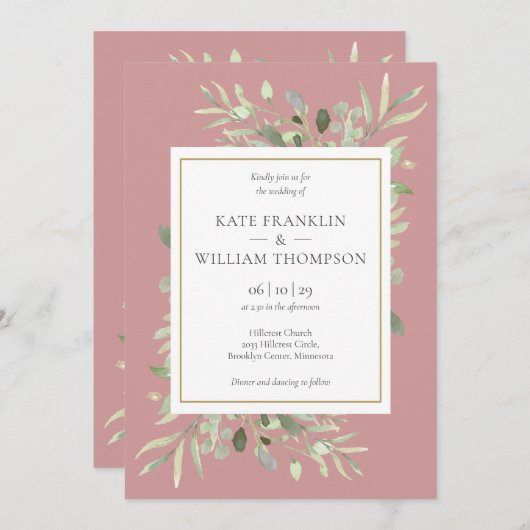 植物性の緑の埃っぽいバラ結婚すべて 招待状 (正面/裏面)