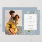 植物性の緑の埃っぽい青い写真結婚ズ 招待状 (正面/裏面)