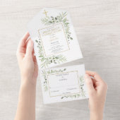 植物性の緑の最初の聖餐式 オールインワン招待状 (貼ってはがせる)