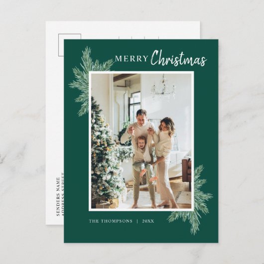 植物性の緑の松の写真メリークリスマス ポストカード (正面/裏面)