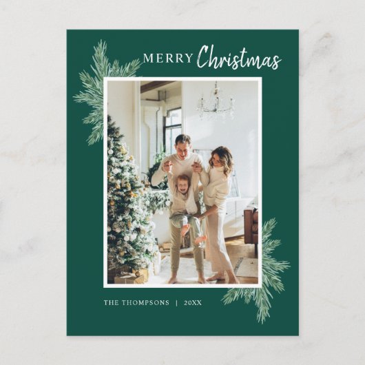 植物性の緑の松の写真メリークリスマス ポストカード (正面)