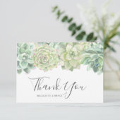 植物性の緑の水の色の多肉類結婚の サンキューカード (スタンド正面)