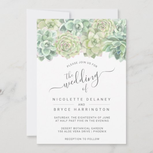 植物性の緑の水の色の多肉類結婚の 招待状 (正面)