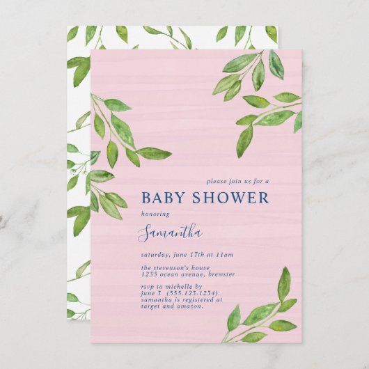 植物性の緑の水の色の女の子のためのベビーシャワー 招待状 (正面/裏面)