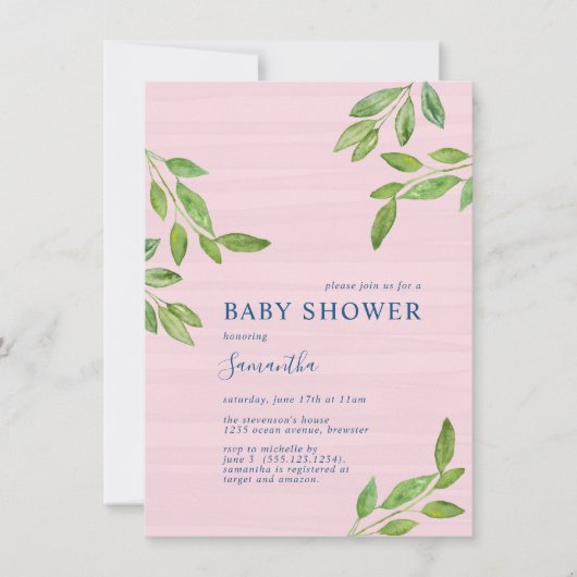 植物性の緑の水の色の女の子のためのベビーシャワー 招待状 (正面)