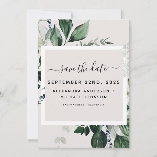 植物性の緑の水の色を保存する日付 招待状 (正面)