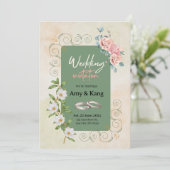 植物性の緑の白い水色のフローラ結婚ズ 招待状 (スタンド正面)