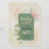 植物性の緑の白い水色のフローラ結婚ズ 招待状 (正面/裏面)
