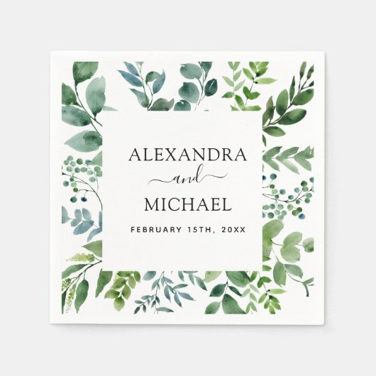 植物性の緑の葉の水の色結婚のナップ スタンダードカクテルナプキン (正面)