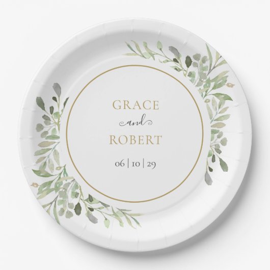 植物性の緑の葉エレガントの金ゴールド結婚ズ ペーパープレート (正面)