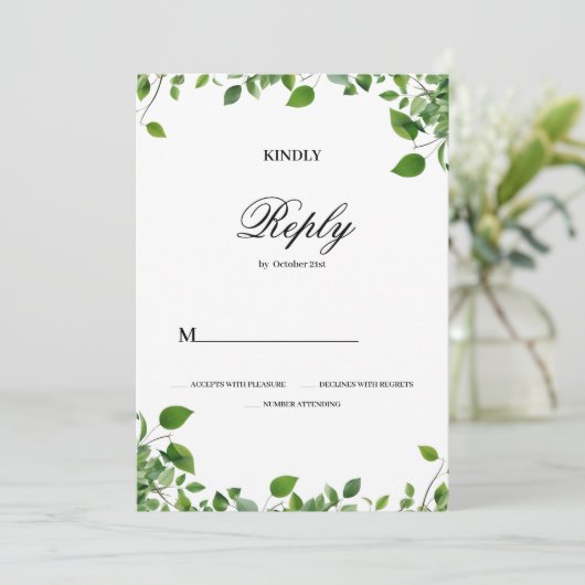 植物性の緑の葉シンプルの結婚式RSVP 招待状 (スタンド正面)