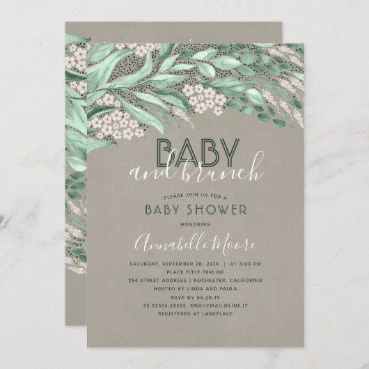 植物性の緑の赤ちゃんシャワー |ベビーとブランチ 招待状 (正面/裏面)