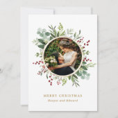 植物性の緑の金ゴールドメリークリスマスフォト シーズンカード (正面)