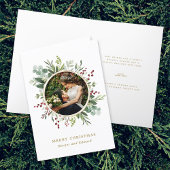 植物性の緑の金ゴールドメリークリスマスフォト シーズンカード