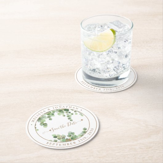 植物性の緑の金ゴールド結婚式の日付を保存 ラウンドペーパーコースター (インサイチュ)
