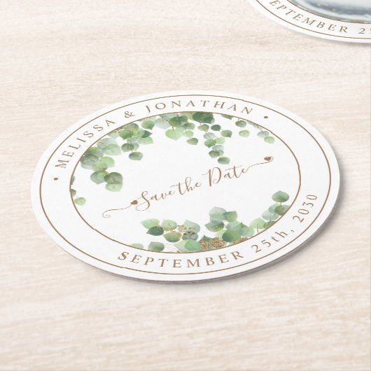 植物性の緑の金ゴールド結婚式の日付を保存 ラウンドペーパーコースター (アングル)