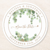 植物性の緑の金ゴールド結婚式の日付を保存 ラウンドペーパーコースター (正面)